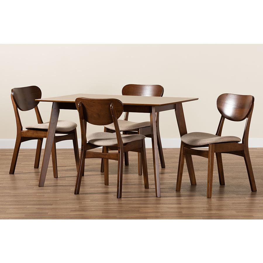 Sand Fabric Upholstered and Walnut Brown Finished Wood 5-Piece Dining Set. Picture 8