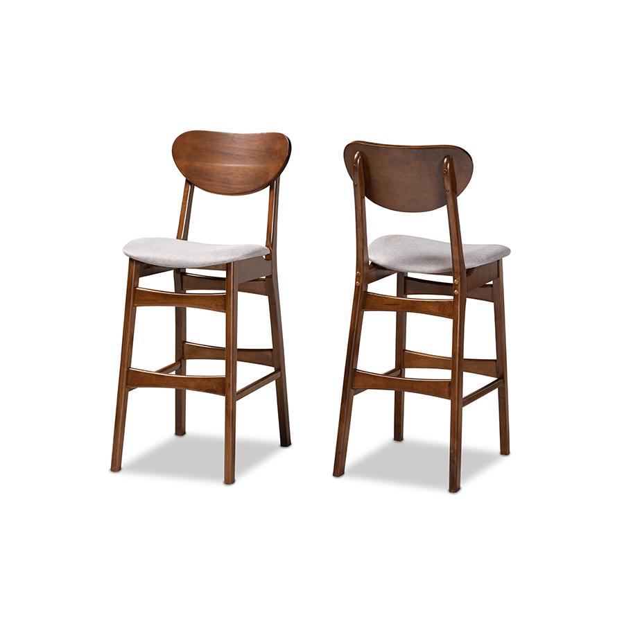 Grey Fabric Upholstered and Walnut Brown Finished Wood 2-Piece Bar Stool Set. Picture 1