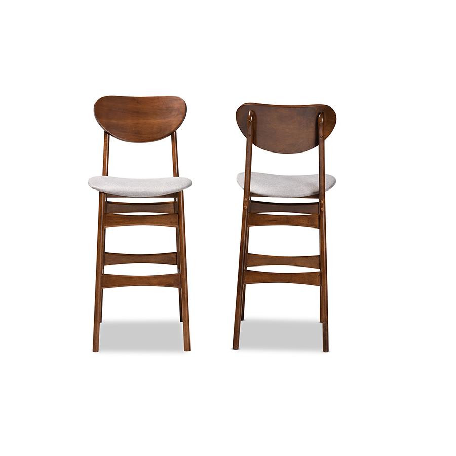 Grey Fabric Upholstered and Walnut Brown Finished Wood 2-Piece Bar Stool Set. Picture 2