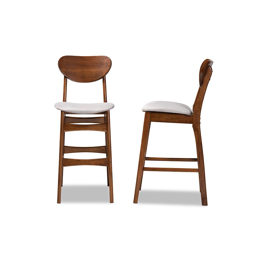 Grey Fabric Upholstered and Walnut Brown Finished Wood 2-Piece Bar Stool Set. Picture 3