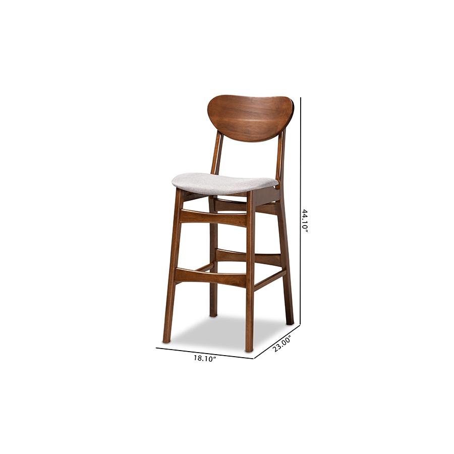 Grey Fabric Upholstered and Walnut Brown Finished Wood 2-Piece Bar Stool Set. Picture 8