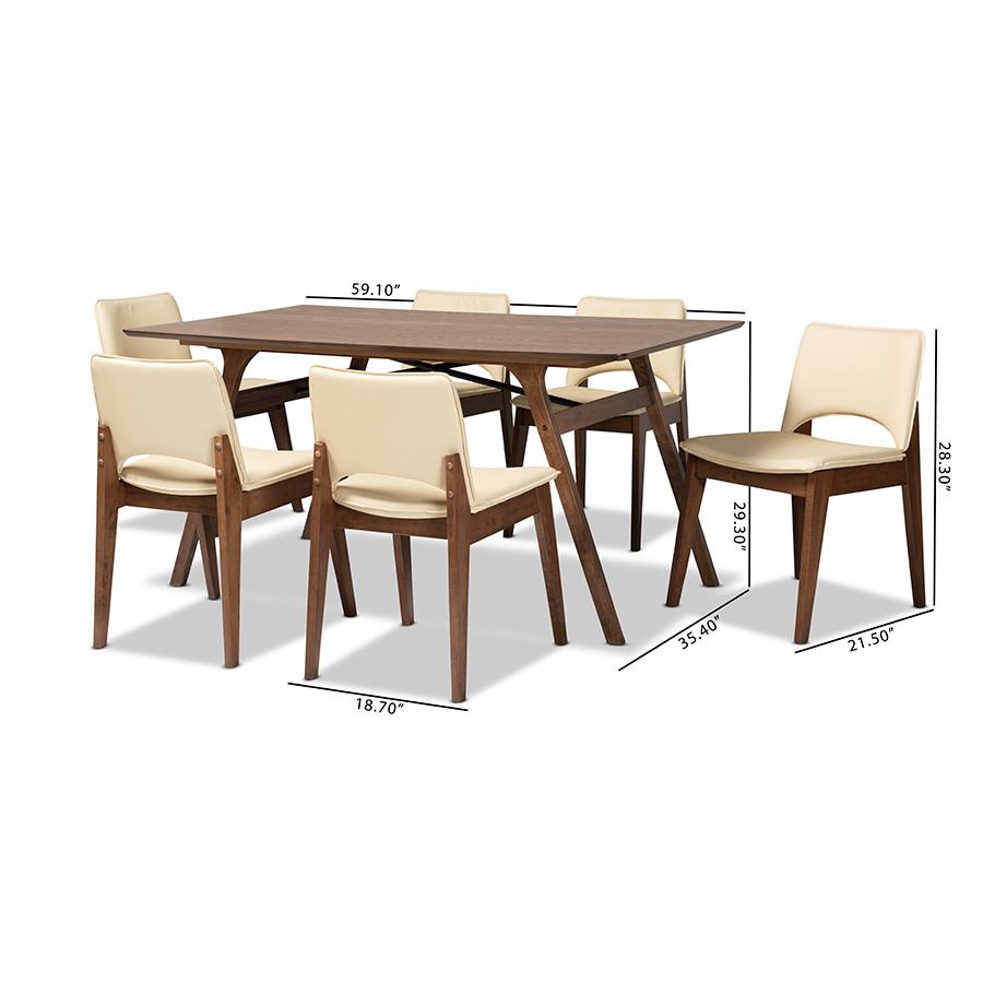 Leather Upholstered and Walnut Brown Finished Wood 7-Piece Dining Set. Picture 9