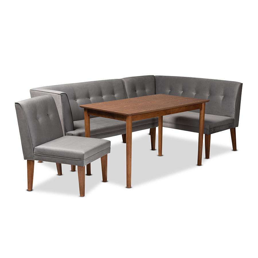 Grey Velvet Upholstered and Walnut Brown Finished Wood 4-Piece Dining Nook Set. Picture 1