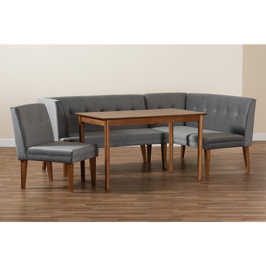 Grey Velvet Upholstered and Walnut Brown Finished Wood 4-Piece Dining Nook Set. Picture 11
