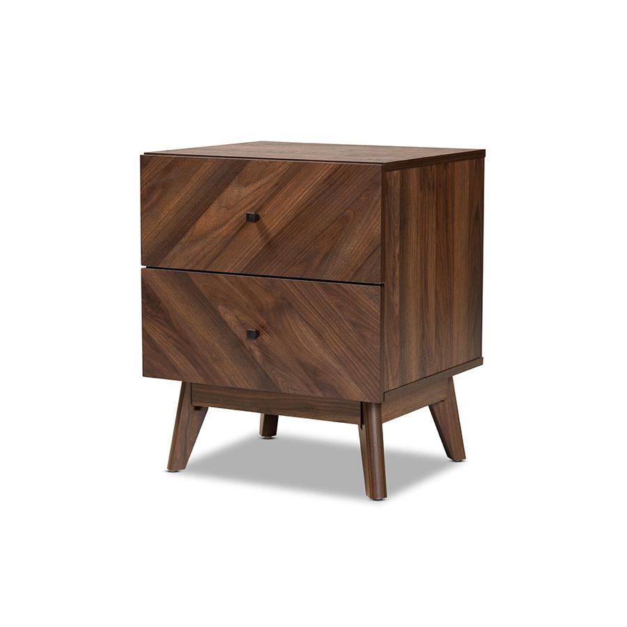 Hartman Mid-Century Modern Walnut Brown Finished Wood 2-Drawer Nightstand. Picture 1