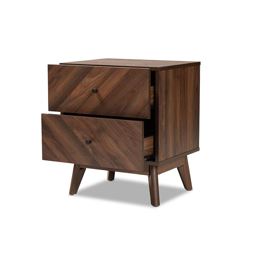 Hartman Mid-Century Modern Walnut Brown Finished Wood 2-Drawer Nightstand. Picture 2