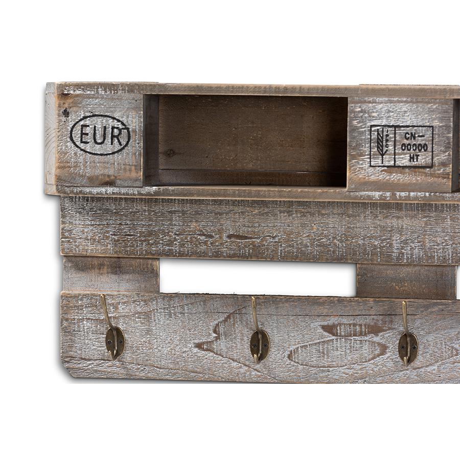 Rustic Whitewashed Grey Oak Finished Wood Wall Mounted Coat Rack with Shelves. Picture 3