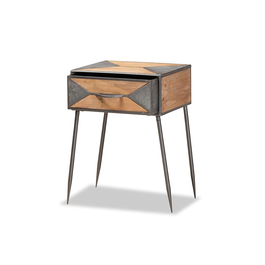 Baxton Studio Laurel Rustic Industrial Antique Grey Finished Metal and Whitewashed Oak Brown Finished Wood 1-Drawer Nightstand. Picture 4