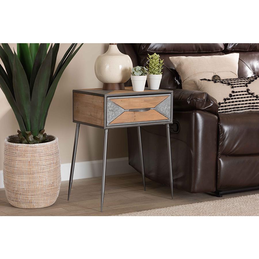 Baxton Studio Laurel Rustic Industrial Antique Grey Finished Metal and Whitewashed Oak Brown Finished Wood 1-Drawer Nightstand. Picture 3