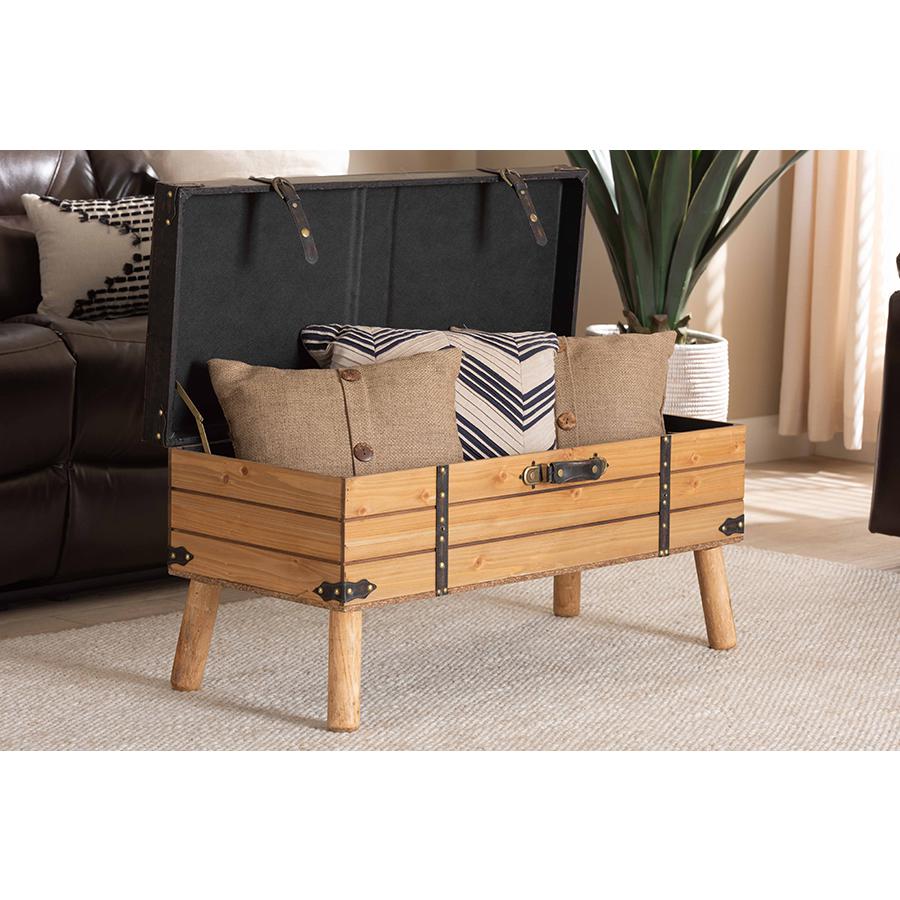 Dark Brown PU Leather Upholstered and Oak Finished Wood Large Storage Ottoman. Picture 10