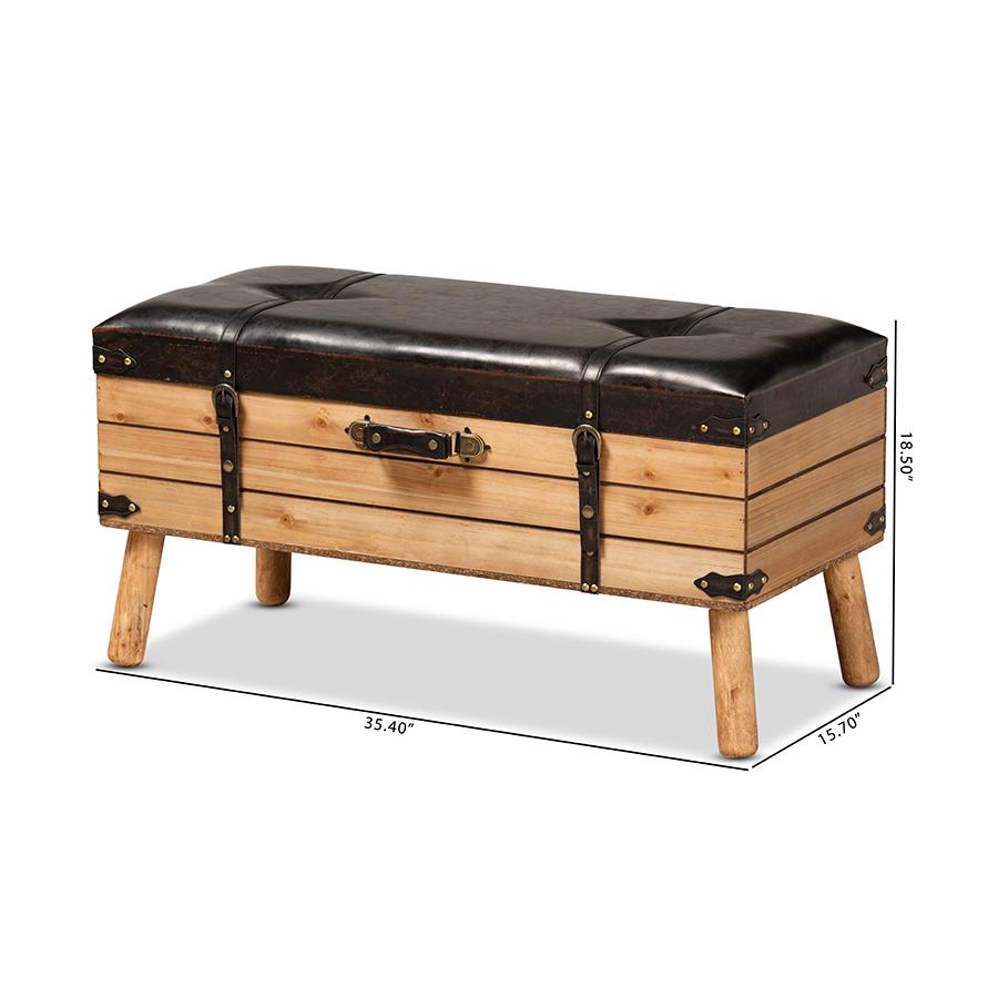 Dark Brown PU Leather Upholstered and Oak Finished Wood Large Storage Ottoman. Picture 12