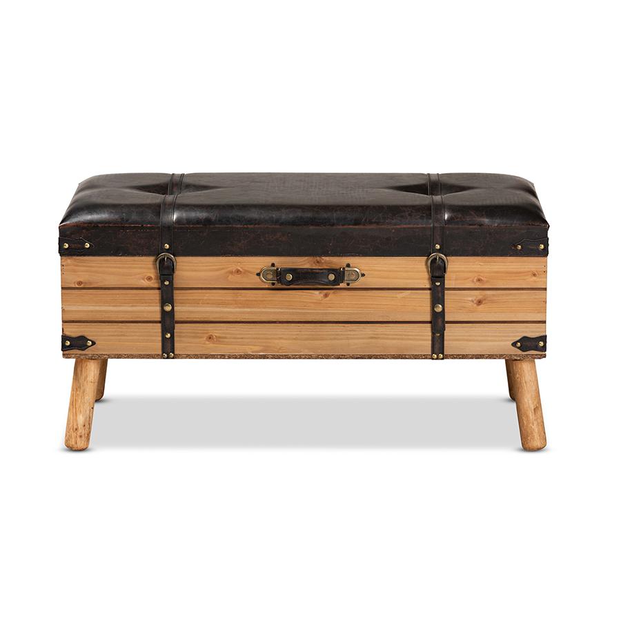 Dark Brown PU Leather Upholstered and Oak Finished Wood Large Storage Ottoman. Picture 3
