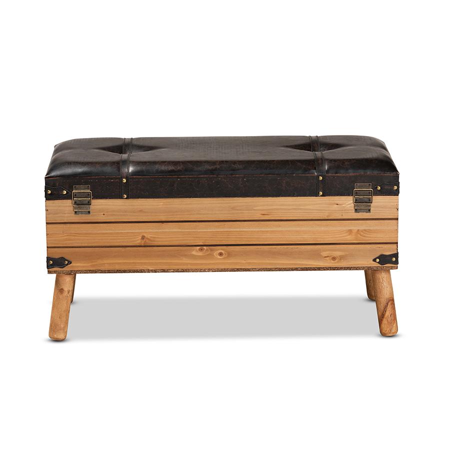 Dark Brown PU Leather Upholstered and Oak Finished Wood Large Storage Ottoman. Picture 5