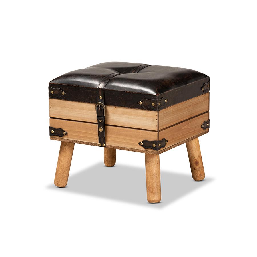 Dark Brown PU Leather Upholstered and Oak Finished Wood Small Storage Ottoman. Picture 1