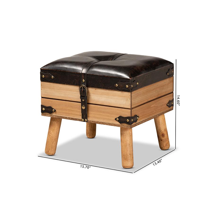 Dark Brown PU Leather Upholstered and Oak Finished Wood Small Storage Ottoman. Picture 11