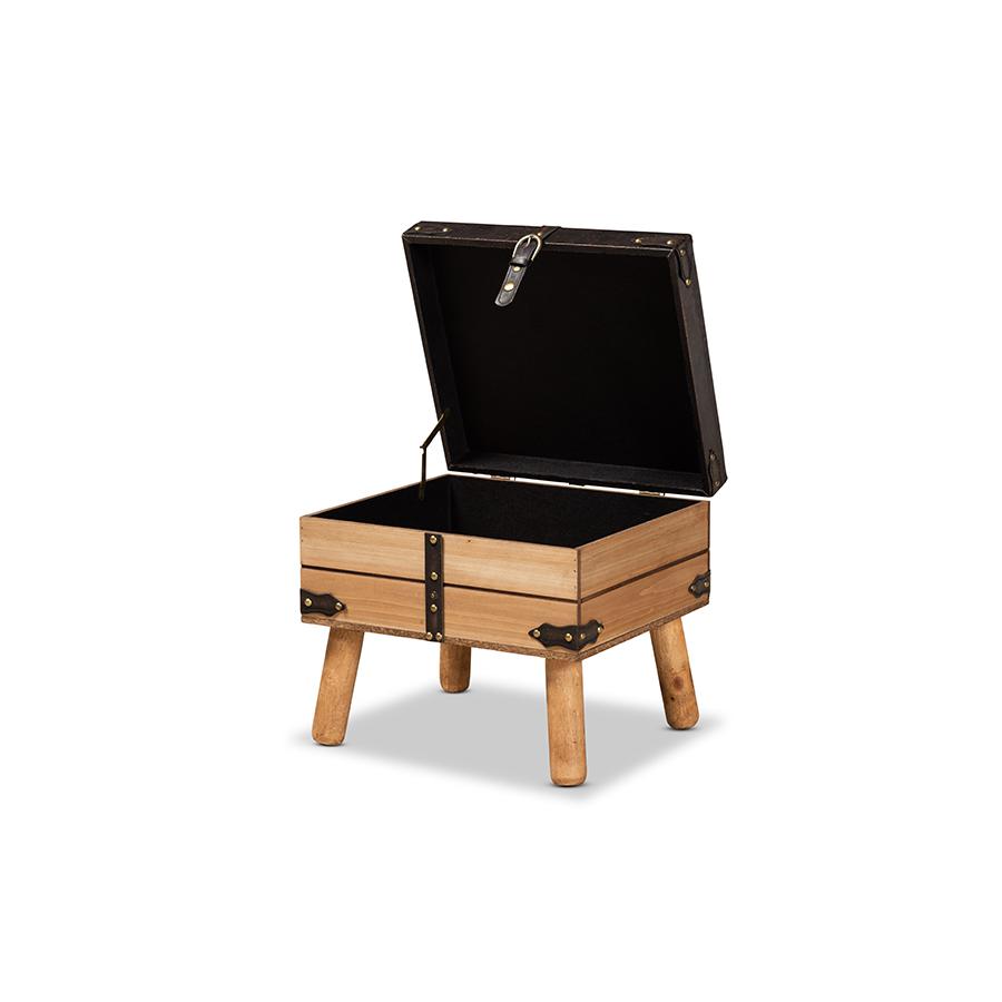 Dark Brown PU Leather Upholstered and Oak Finished Wood Small Storage Ottoman. Picture 2