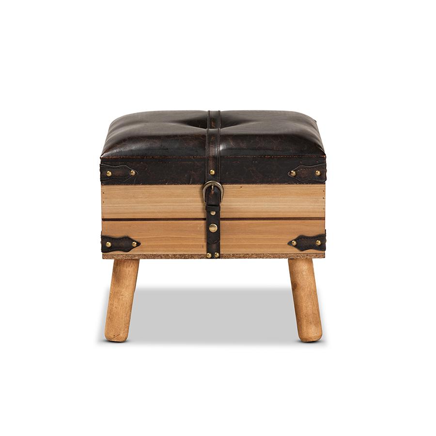 Dark Brown PU Leather Upholstered and Oak Finished Wood Small Storage Ottoman. Picture 3