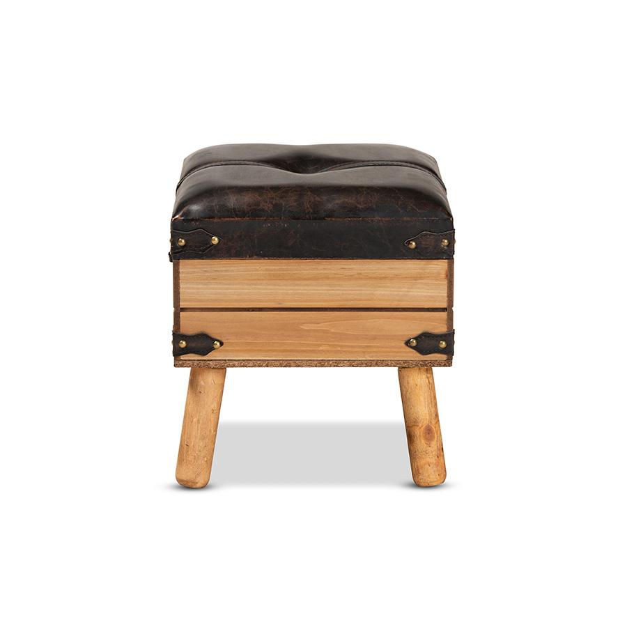 Dark Brown PU Leather Upholstered and Oak Finished Wood Small Storage Ottoman. Picture 4