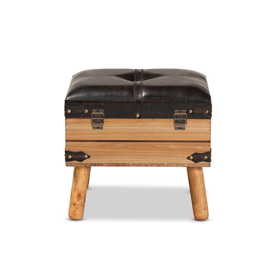 Dark Brown PU Leather Upholstered and Oak Finished Wood Small Storage Ottoman. Picture 5