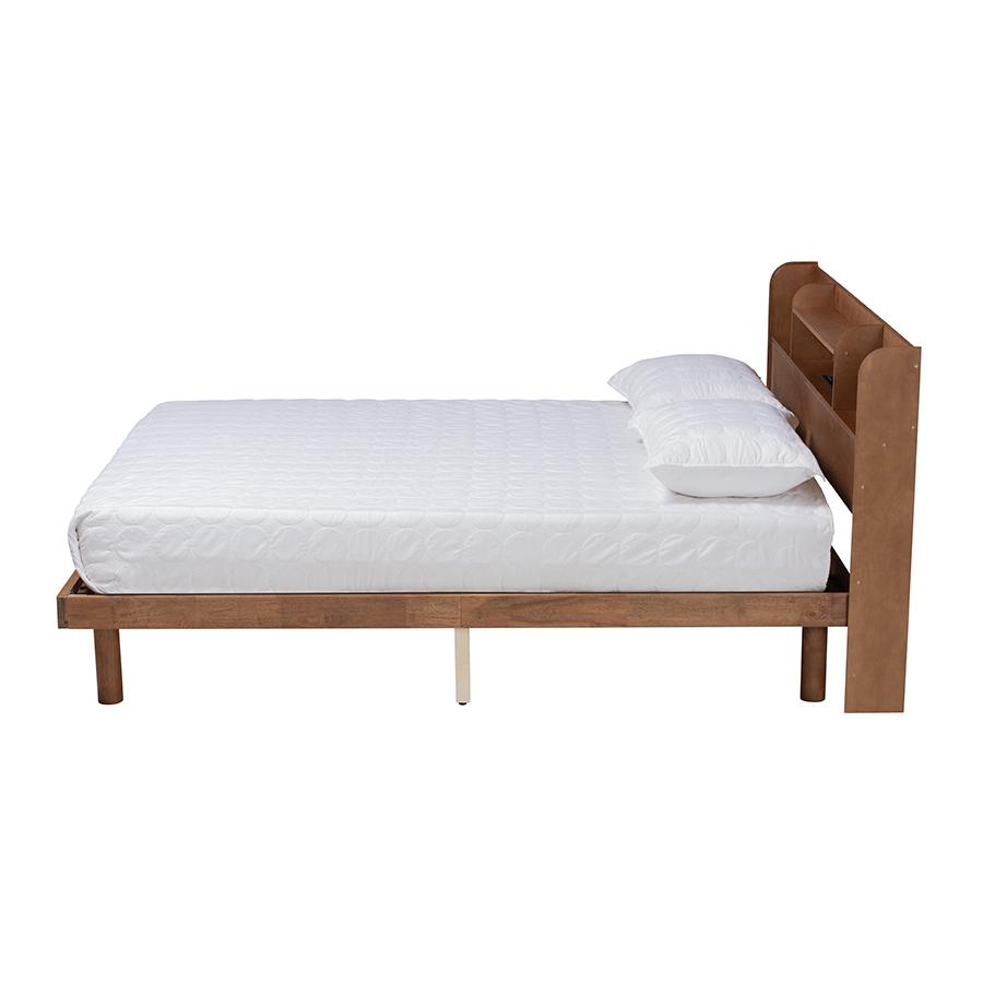 Walnut Brown Finished Wood Full Size Platform Bed with Charging Station. Picture 2