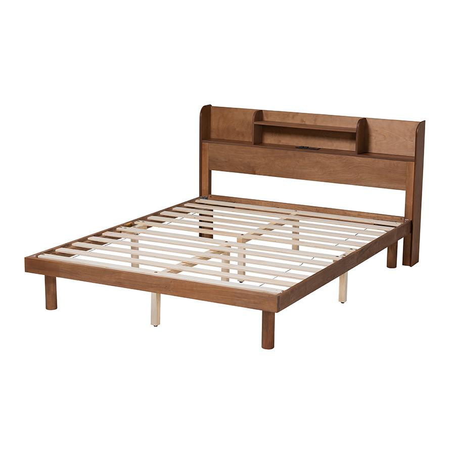 Walnut Brown Finished Wood Full Size Platform Bed with Charging Station. Picture 3