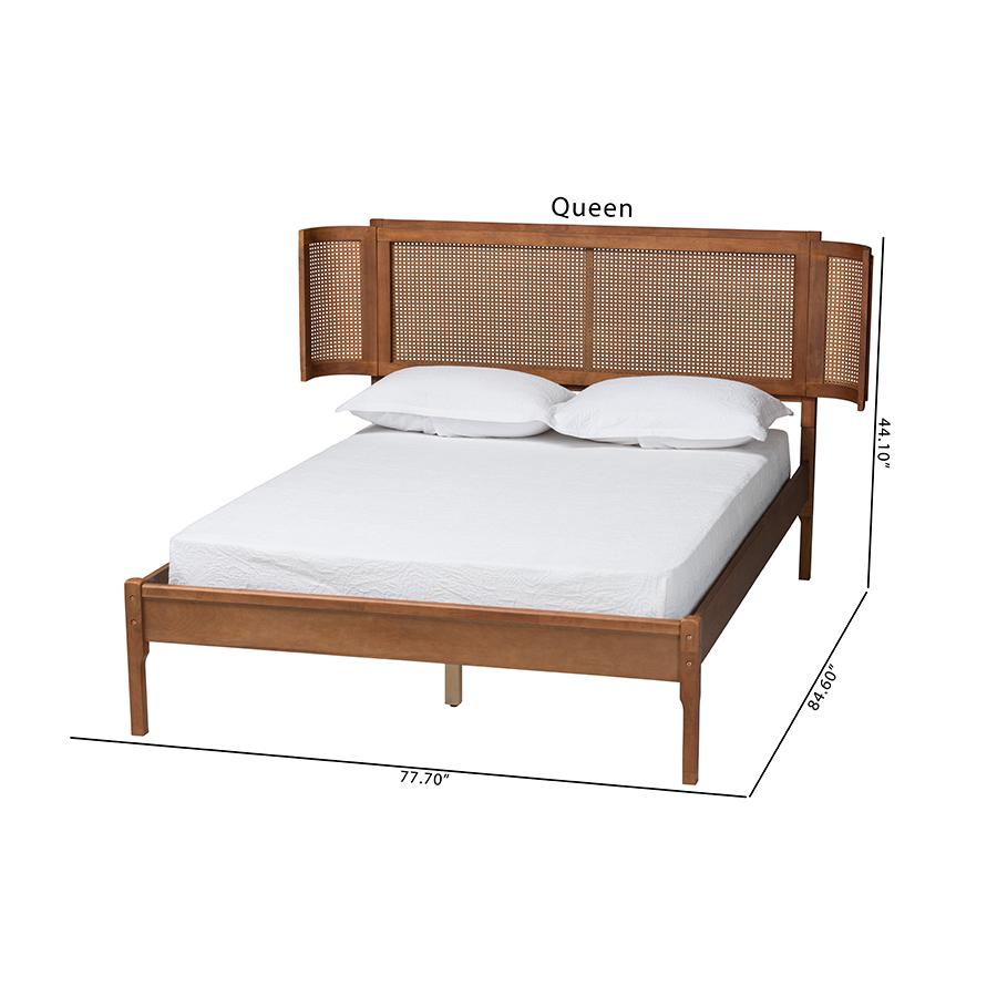 Walnut Brown Finished Wood and Natural Rattan Full Size Platform Bed. Picture 10
