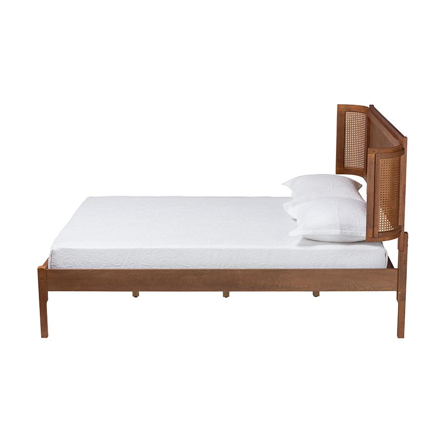 Walnut Brown Finished Wood and Natural Rattan Full Size Platform Bed. Picture 2