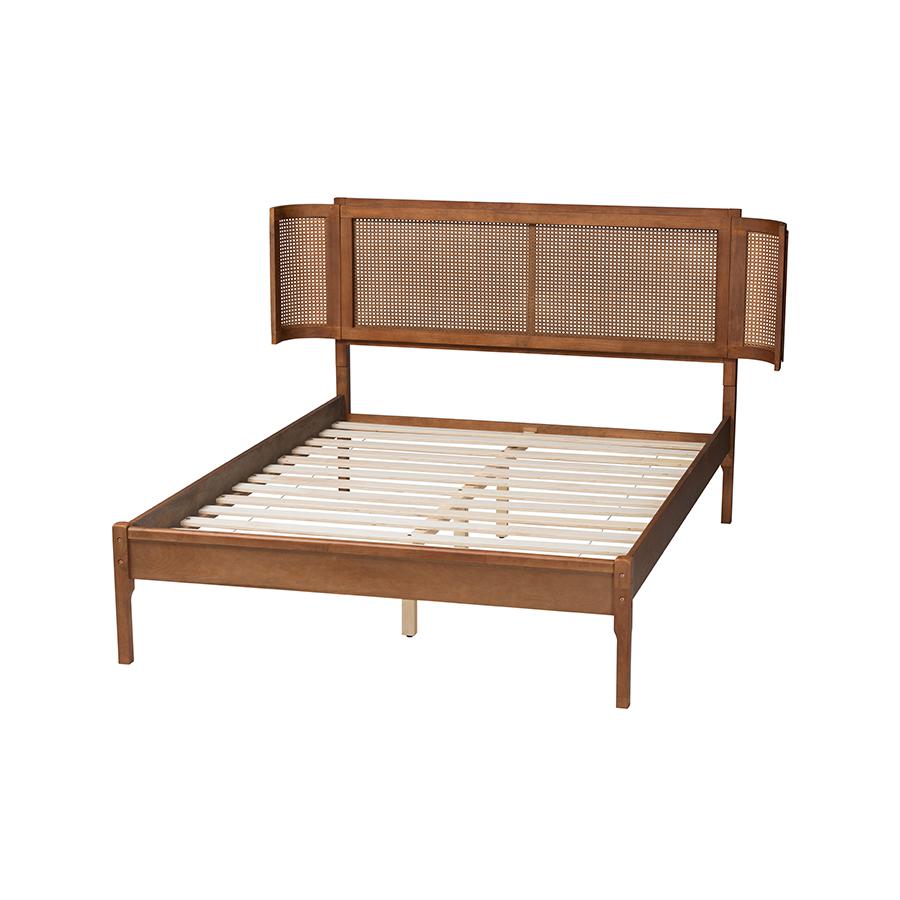 Walnut Brown Finished Wood and Natural Rattan Full Size Platform Bed. Picture 3