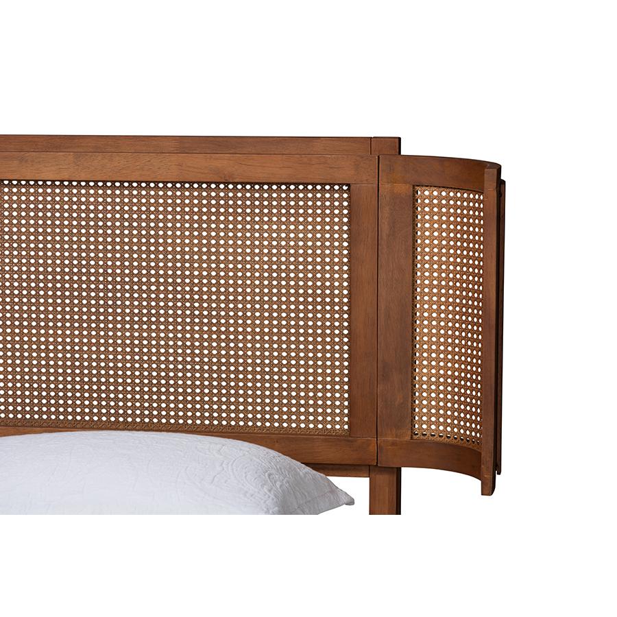 Walnut Brown Finished Wood and Natural Rattan Full Size Platform Bed. Picture 4