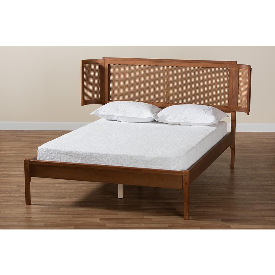 Walnut Brown Finished Wood and Natural Rattan Full Size Platform Bed. Picture 8
