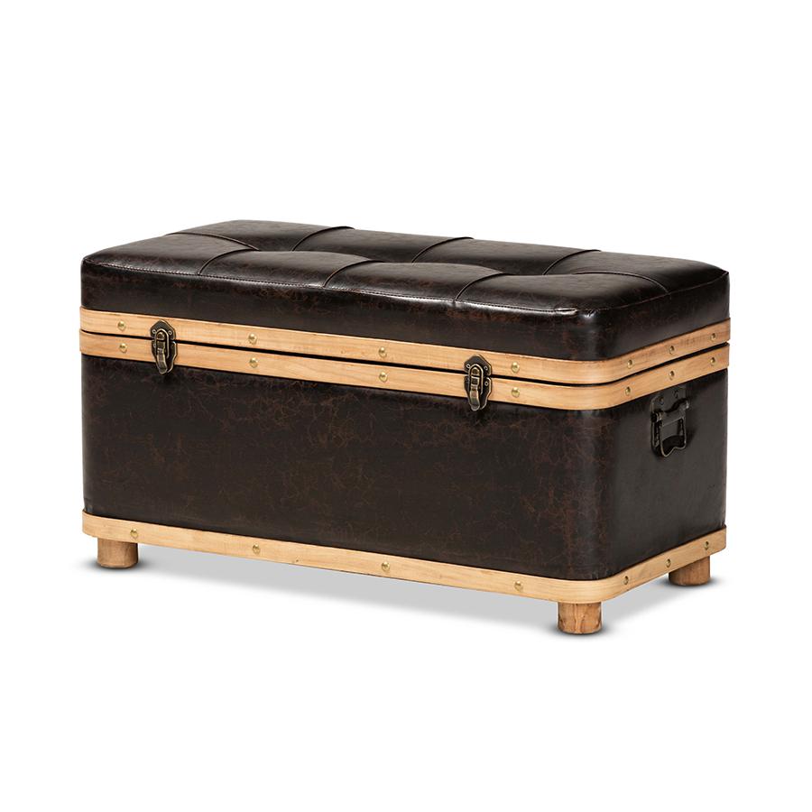 Leather Upholstered and Oak Brown Finished Wood Large Storage Ottoman. Picture 1
