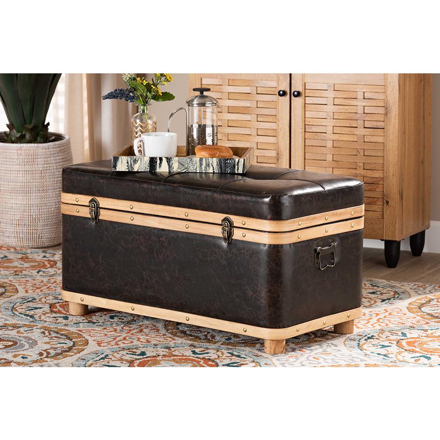 Leather Upholstered and Oak Brown Finished Wood Large Storage Ottoman. Picture 10