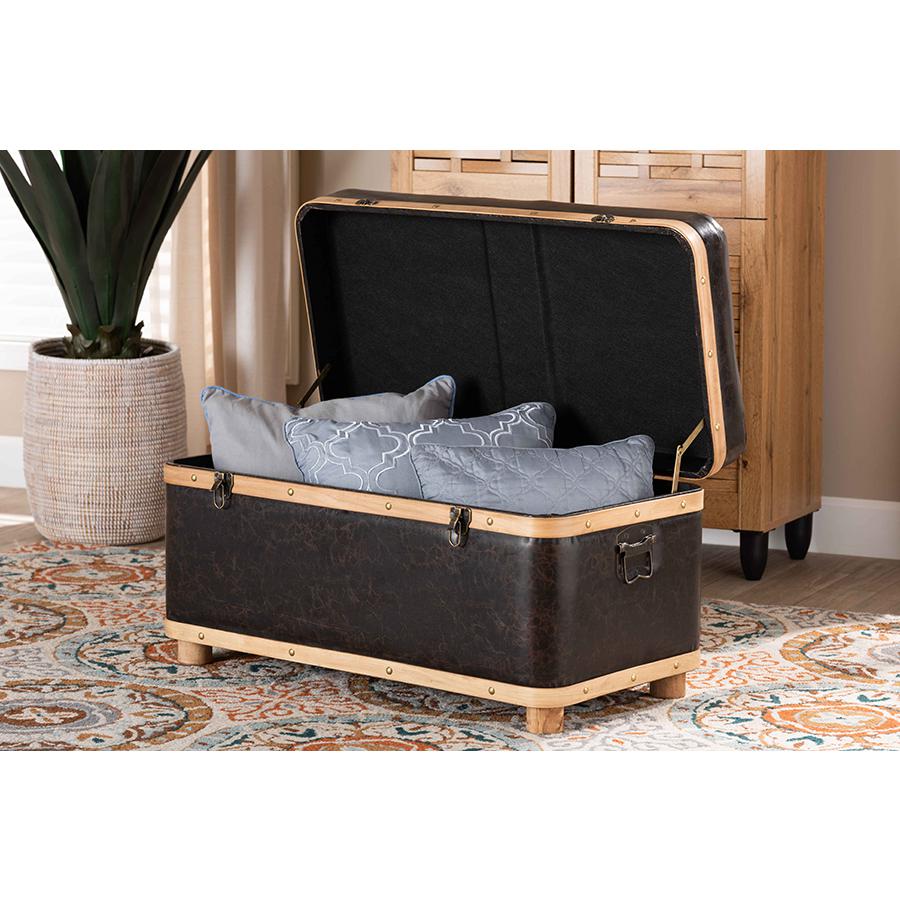 Leather Upholstered and Oak Brown Finished Wood Large Storage Ottoman. Picture 11