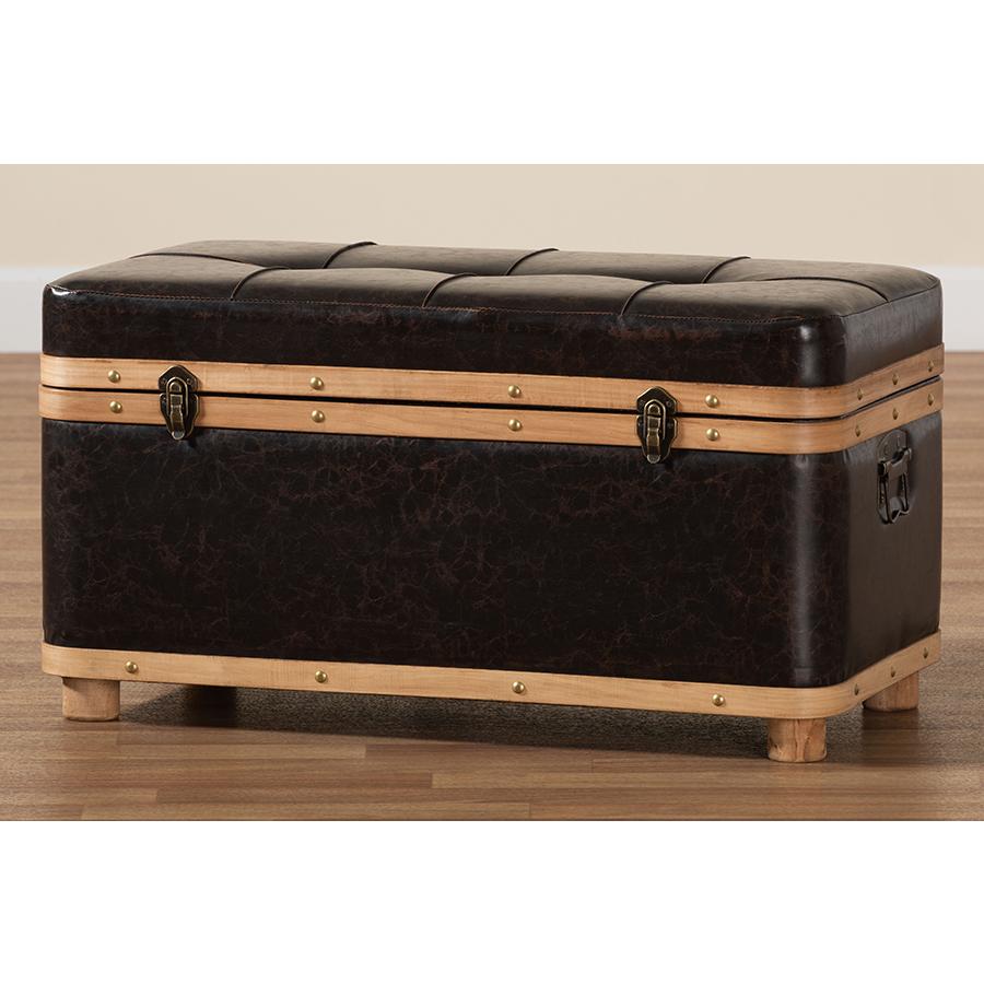 Leather Upholstered and Oak Brown Finished Wood Large Storage Ottoman. Picture 12