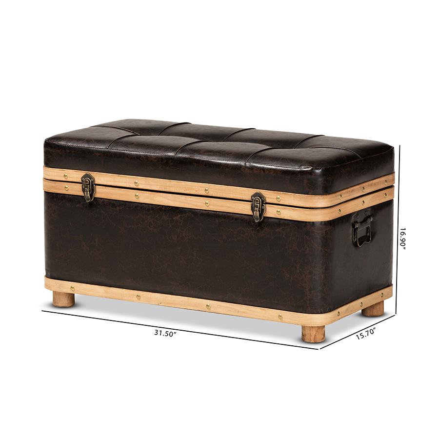 Leather Upholstered and Oak Brown Finished Wood Large Storage Ottoman. Picture 13