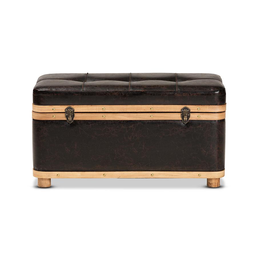 Leather Upholstered and Oak Brown Finished Wood Large Storage Ottoman. Picture 3