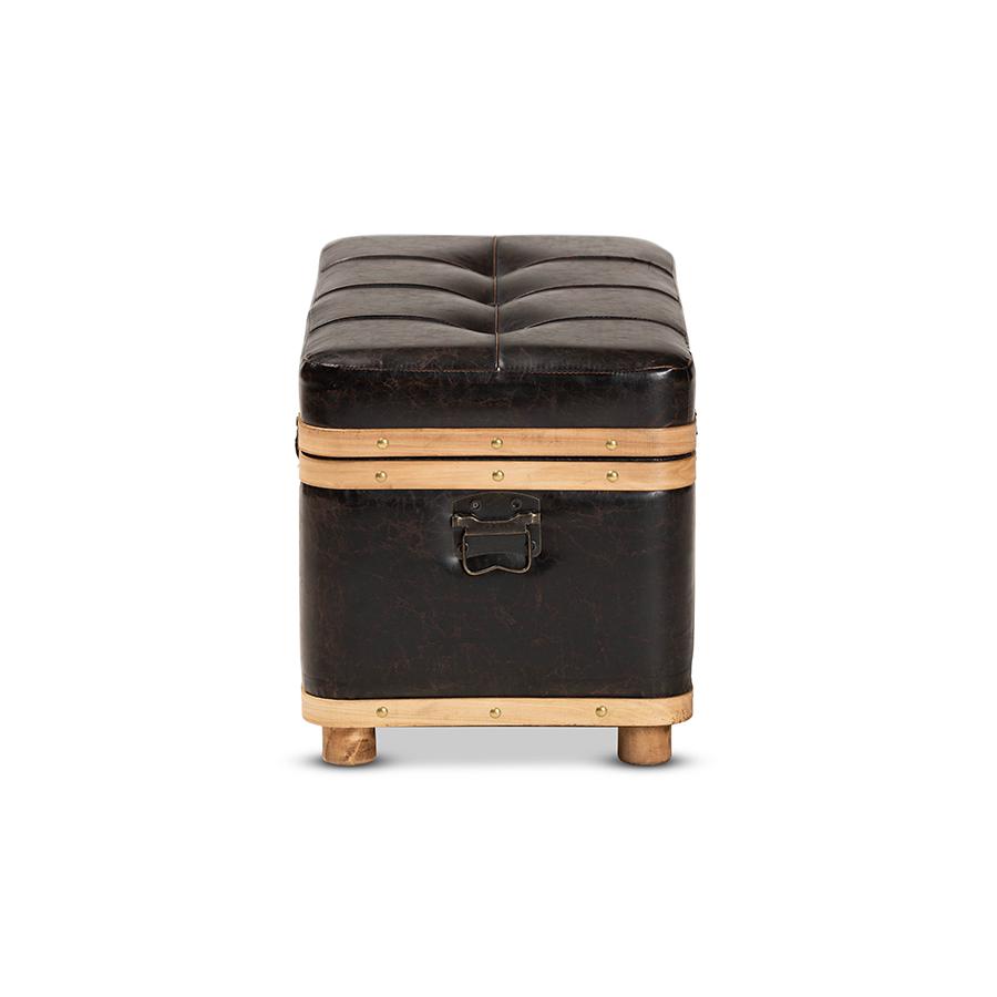 Leather Upholstered and Oak Brown Finished Wood Large Storage Ottoman. Picture 4
