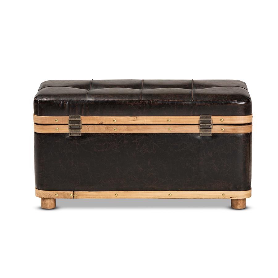 Leather Upholstered and Oak Brown Finished Wood Large Storage Ottoman. Picture 5
