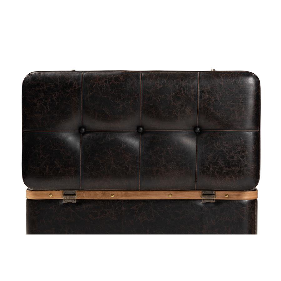 Leather Upholstered and Oak Brown Finished Wood Large Storage Ottoman. Picture 6