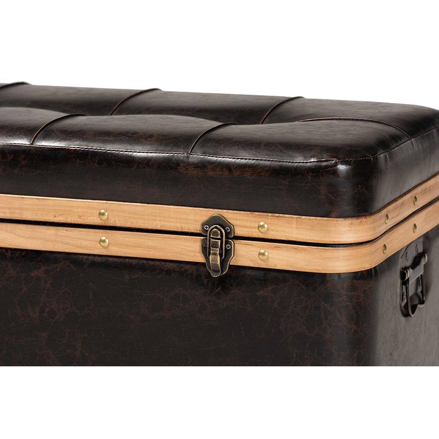 Leather Upholstered and Oak Brown Finished Wood Large Storage Ottoman. Picture 7