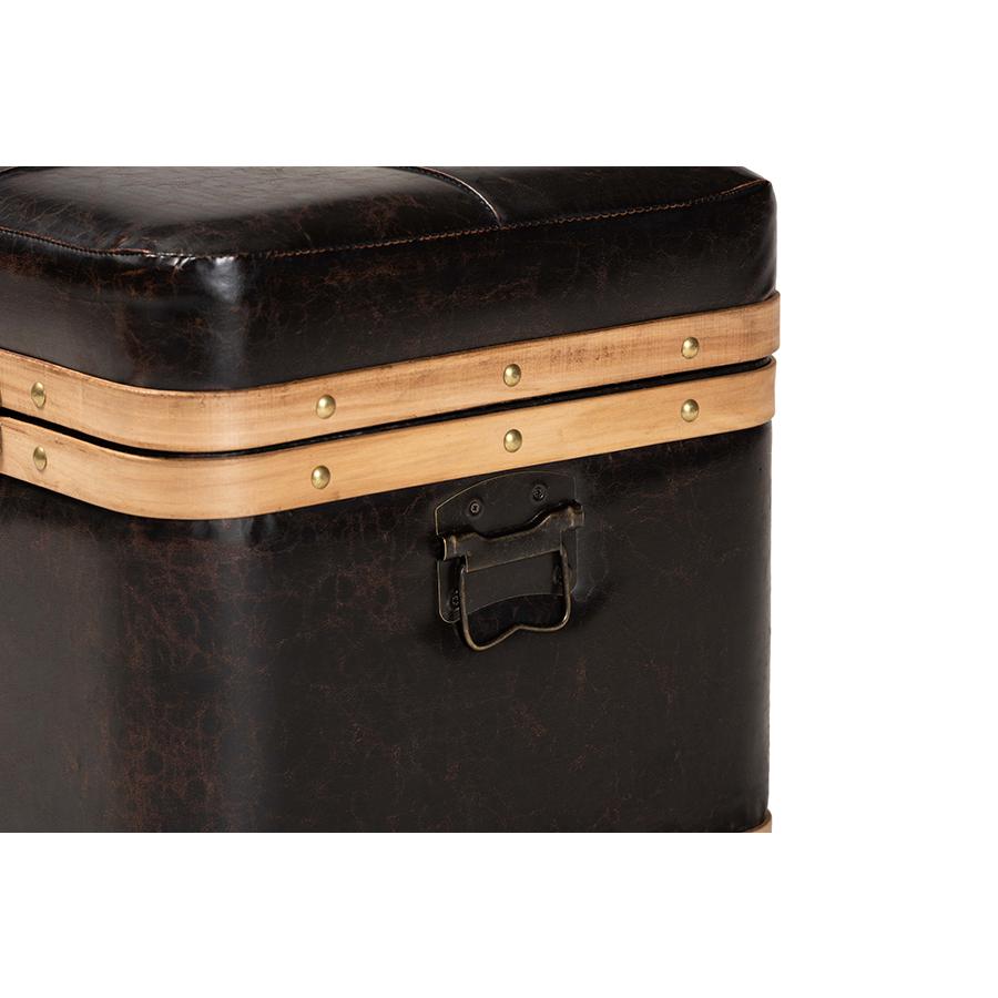 Leather Upholstered and Oak Brown Finished Wood Large Storage Ottoman. Picture 8