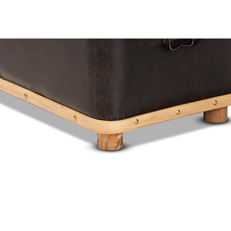 Leather Upholstered and Oak Brown Finished Wood Large Storage Ottoman. Picture 9