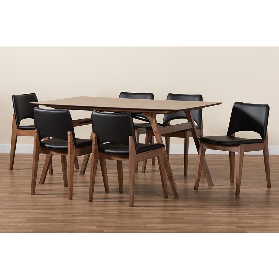 Leather Upholstered and Walnut Brown Finished Wood 7-Piece Dining Set. Picture 8