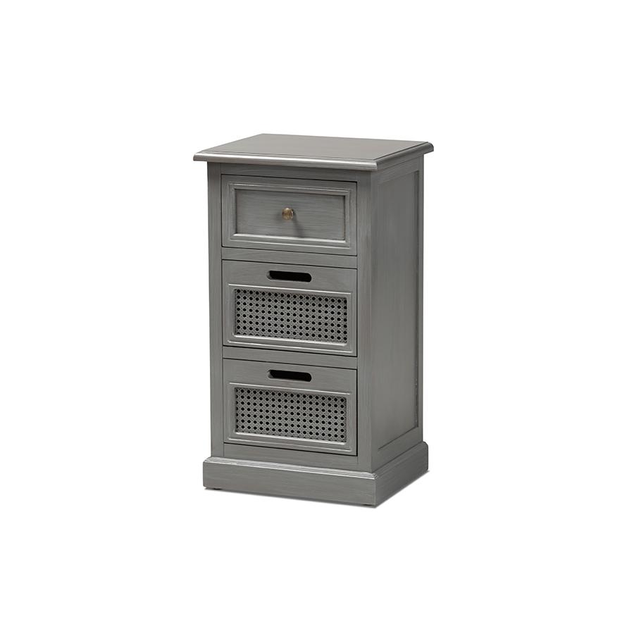 Vintage Grey Finished Wood and Synthetic Rattan 3-Drawer End Table. Picture 1