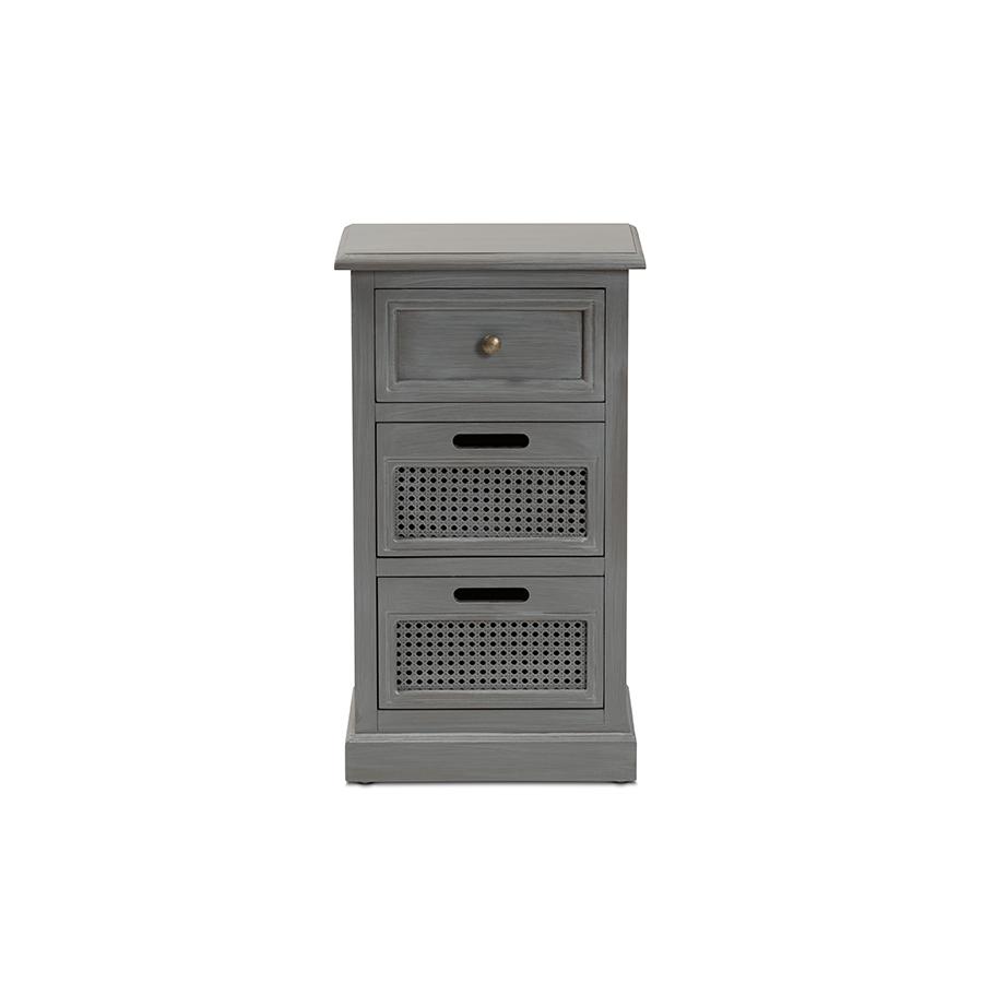 Vintage Grey Finished Wood and Synthetic Rattan 3-Drawer End Table. Picture 3