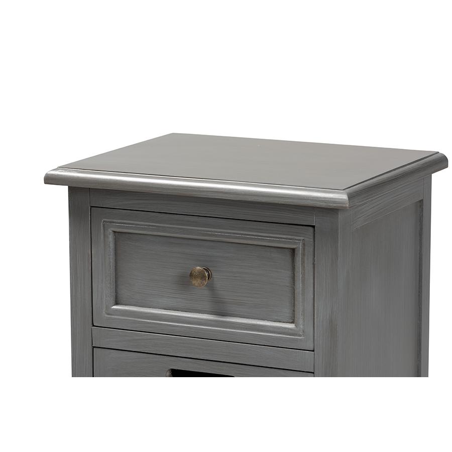 Vintage Grey Finished Wood and Synthetic Rattan 3-Drawer End Table. Picture 5