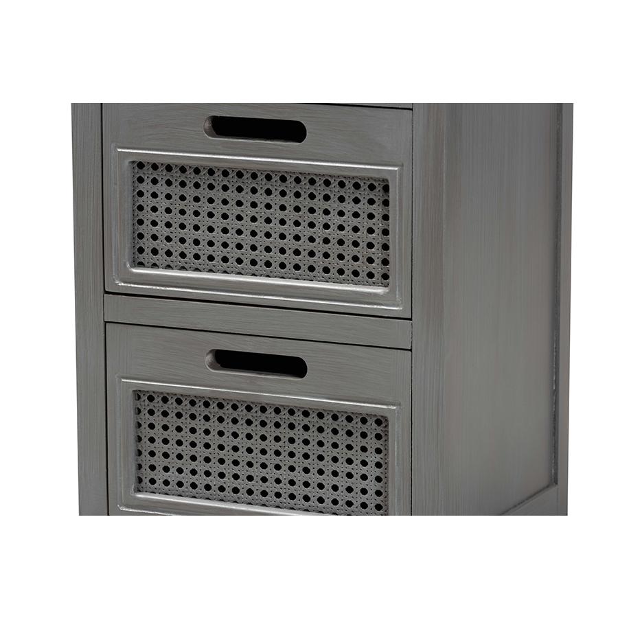Vintage Grey Finished Wood and Synthetic Rattan 3-Drawer End Table. Picture 6