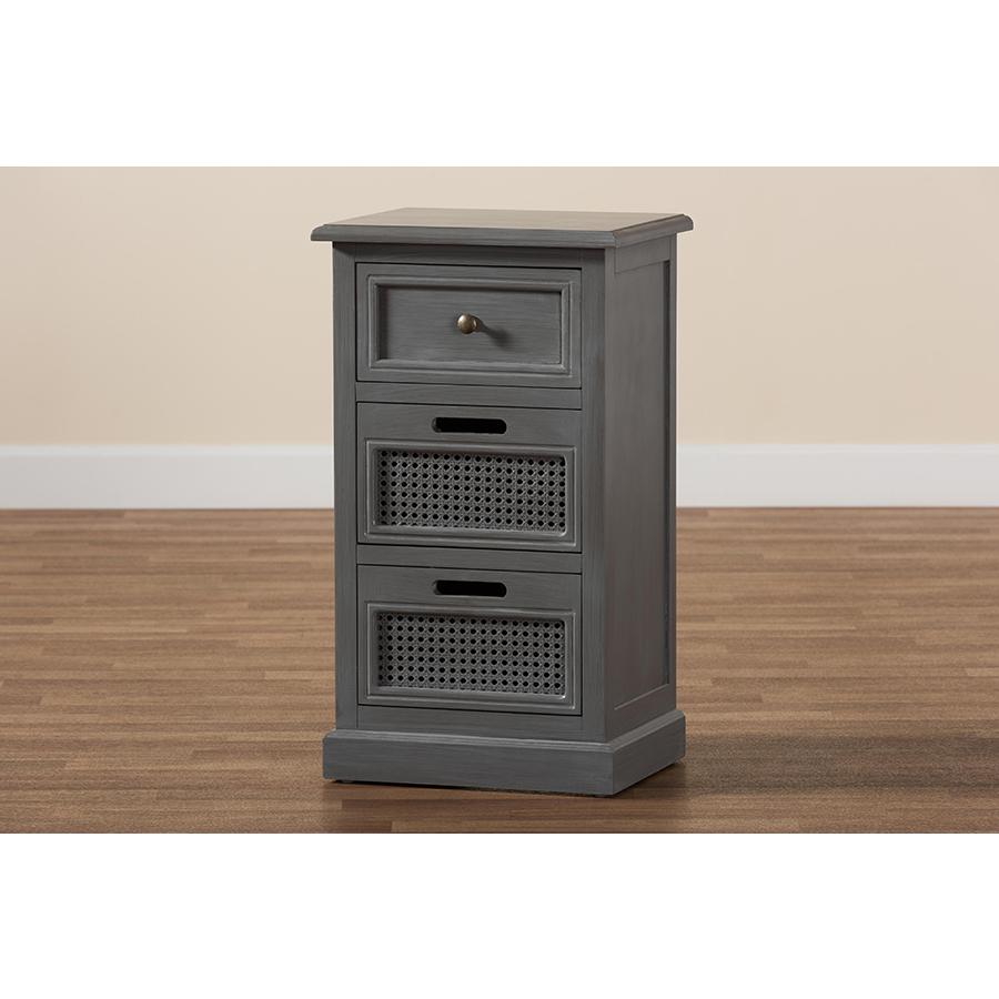 Vintage Grey Finished Wood and Synthetic Rattan 3-Drawer End Table. Picture 8