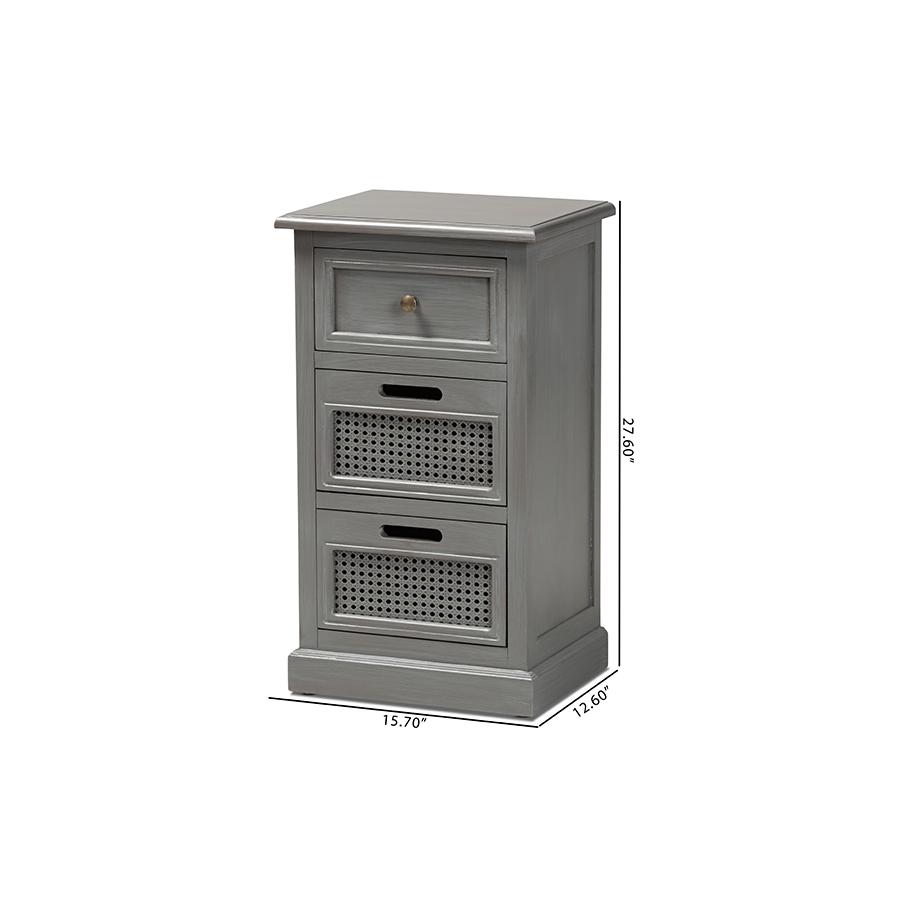 Vintage Grey Finished Wood and Synthetic Rattan 3-Drawer End Table. Picture 9