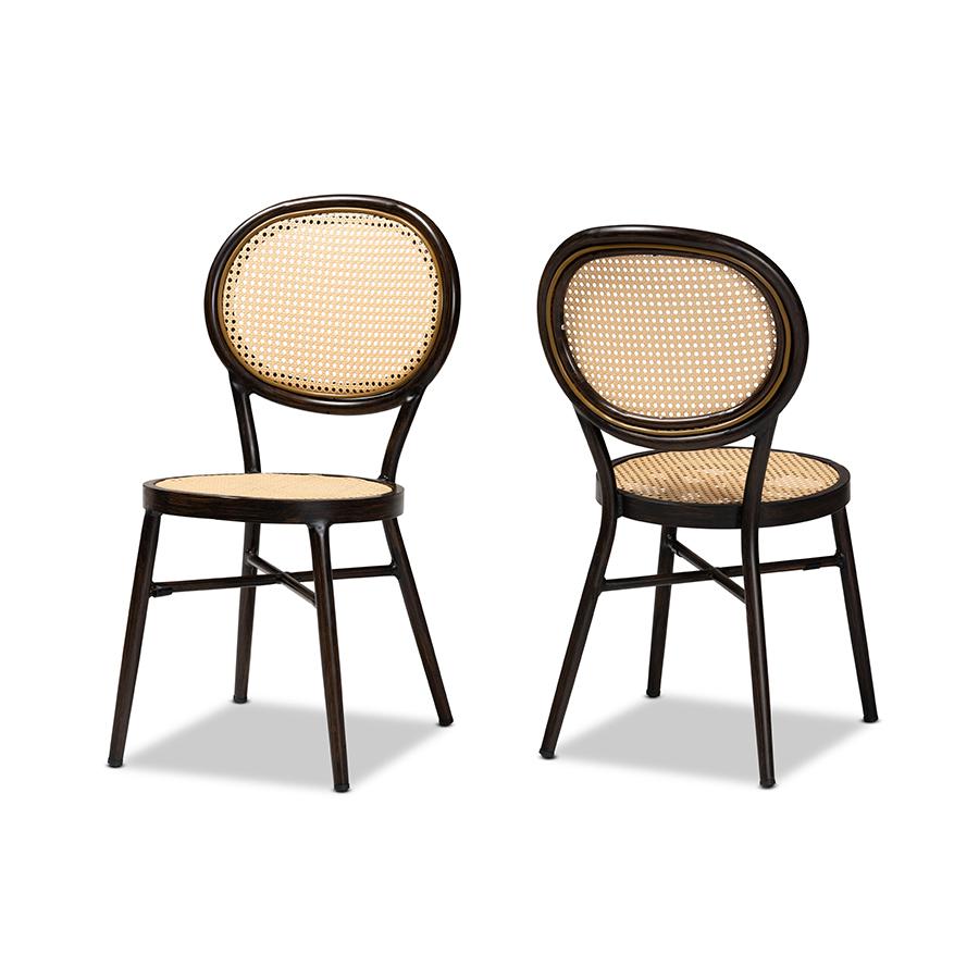Dark Brown Finished Metal and Synthetic Rattan 2-Piece Outdoor Dining Chair Set. Picture 1